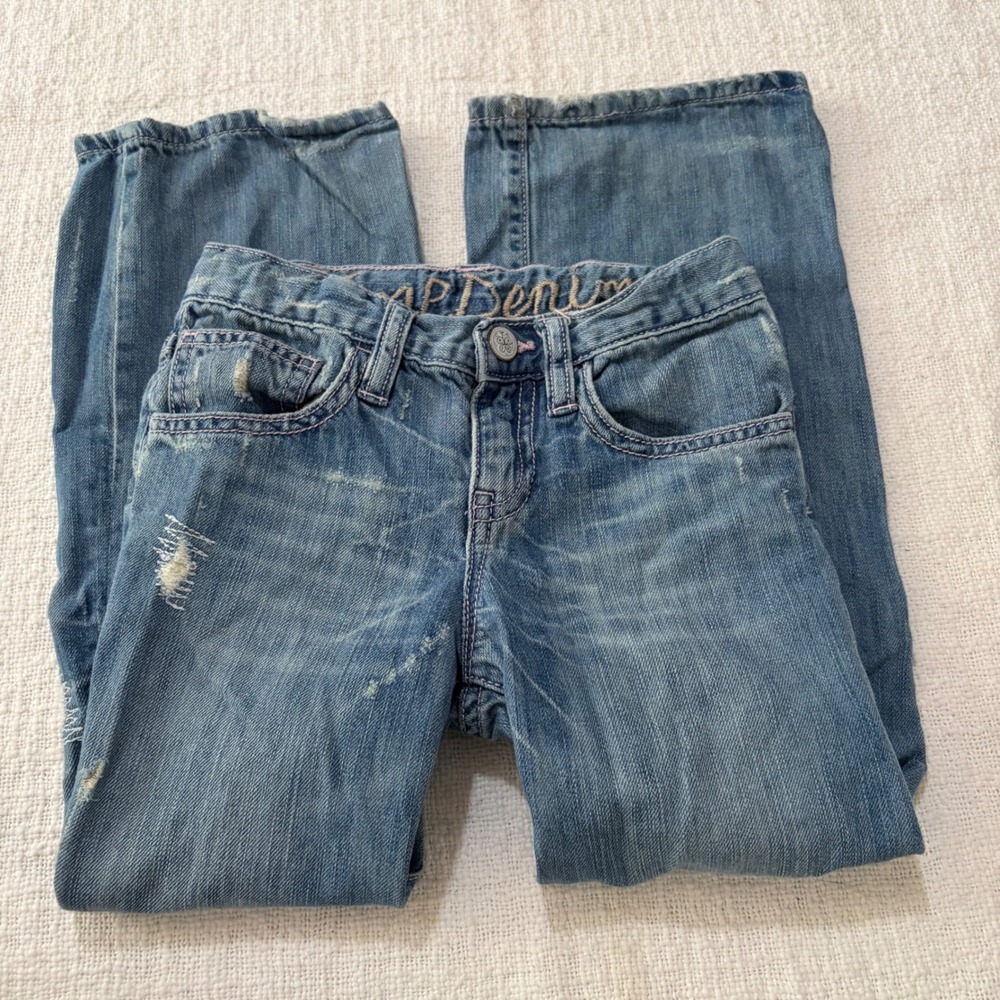 Gap Kids Girls Boyfriend Jeans Medium Wash Distressed Pink Stitching Size 5 Reg